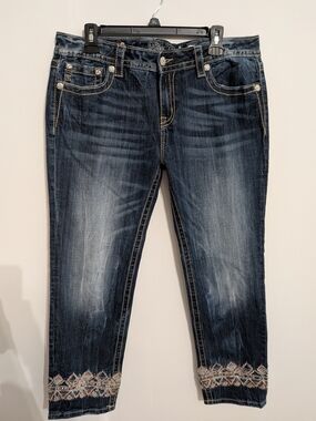 Miss Me Dark Wash Cropped Jeans with Embroidered Ankles